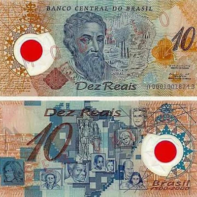 A nota de 10 reais comemorativa foi lançada em abril de 2000 para homenagear os 500 anos de descobrimento do Brasil A nota de 10 reais comemorativa foi lançada em abril de 2000 para homenagear os 500 anos de descobrimento do Brasil