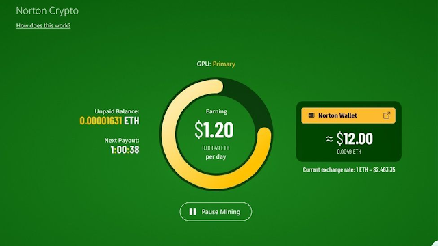 Uma captura de tela fornecida pelo Norton mostrando sua interface de mineração Uma captura de tela fornecida pelo Norton mostrando sua interface de mineração