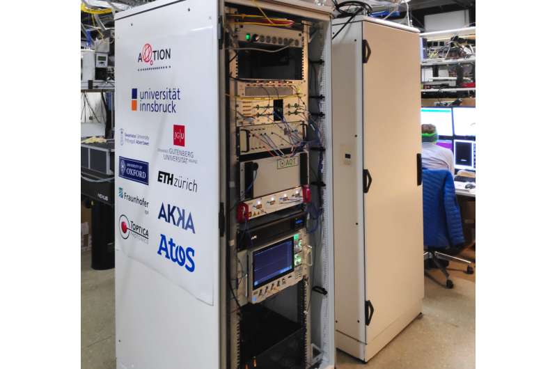 O computador quântico compacto se encaixa em dois racks de servidor de 19 polegadas. Crédito: Universidade de Innsbruck Computador quântico compacto para centros de servidores