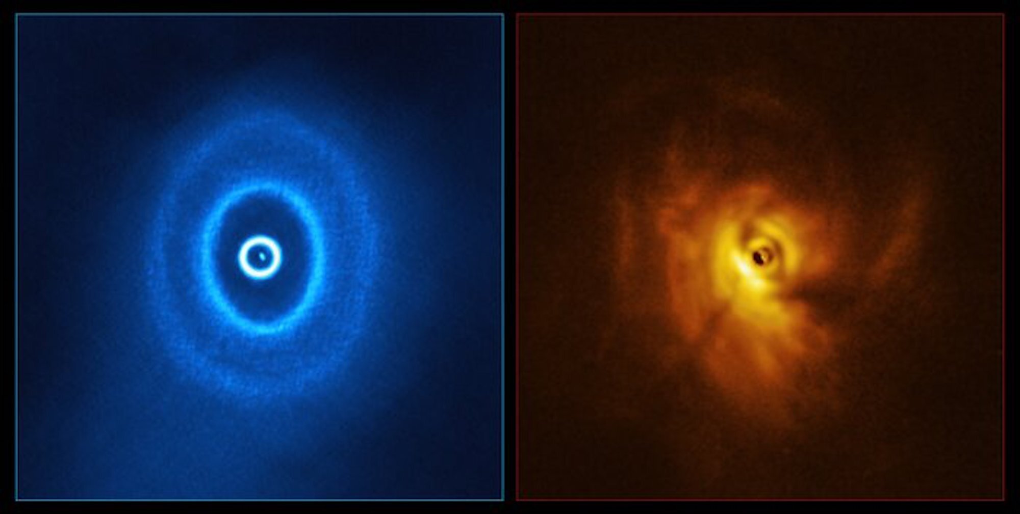 Uma imagem de GW Orionis, um sistema de estrelas triplas com uma misteriosa lacuna em seus anéis de poeira ao redor. Os astrônomos da UNLV hipótesem a presença de um planeta massivo na fenda, que seria o primeiro planeta já descoberto a orbitar três estrelas. A imagem esquerda, fornecida pelo telescópio Atacama Large Millimeter/submillimeter Array (ALMA), mostra a estrutura anelada do disco, com o anel mais interno separado do resto do disco. As observações na imagem certa mostram a sombra do anel mais íntimo no resto do disco. Os astrônomos da UNLV usaram observações do ALMA para construir um modelo abrangente do sistema estelar. Crédito: ALMA (ESO/NAOJ/NRAO), ESO/Exeter/Kraus et al. Uma imagem de GW Orionis, um sistema de estrelas triplas com uma misteriosa lacuna em seus anéis de poeira ao redor. Os astrônomos da UNLV hipótesem a presença de um planeta massivo na fenda, que seria o primeiro planeta já descoberto a orbitar três estrelas. A imagem esquerda, fornecida pelo telescópio Atacama Large Millimeter/submillimeter Array (ALMA), mostra a estrutura anelada do disco, com o anel mais interno separado do resto do disco. As observações na imagem certa mostram a sombra do anel mais íntimo no resto do disco. Os astrônomos da UNLV usaram observações do ALMA para construir um modelo abrangente do sistema estelar. Crédito: ALMA (ESO/NAOJ/NRAO), ESO/Exeter/Kraus et al.